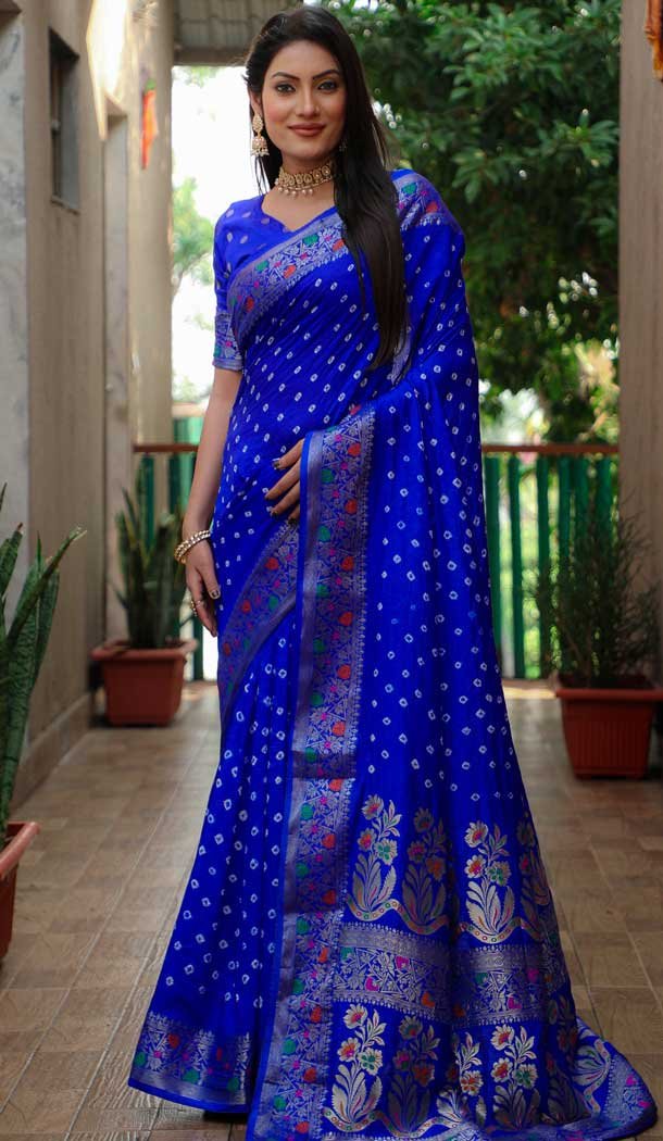 Paithani Silk Bandhej Work Traditional Wear Saree In Royal Blue – 147531649