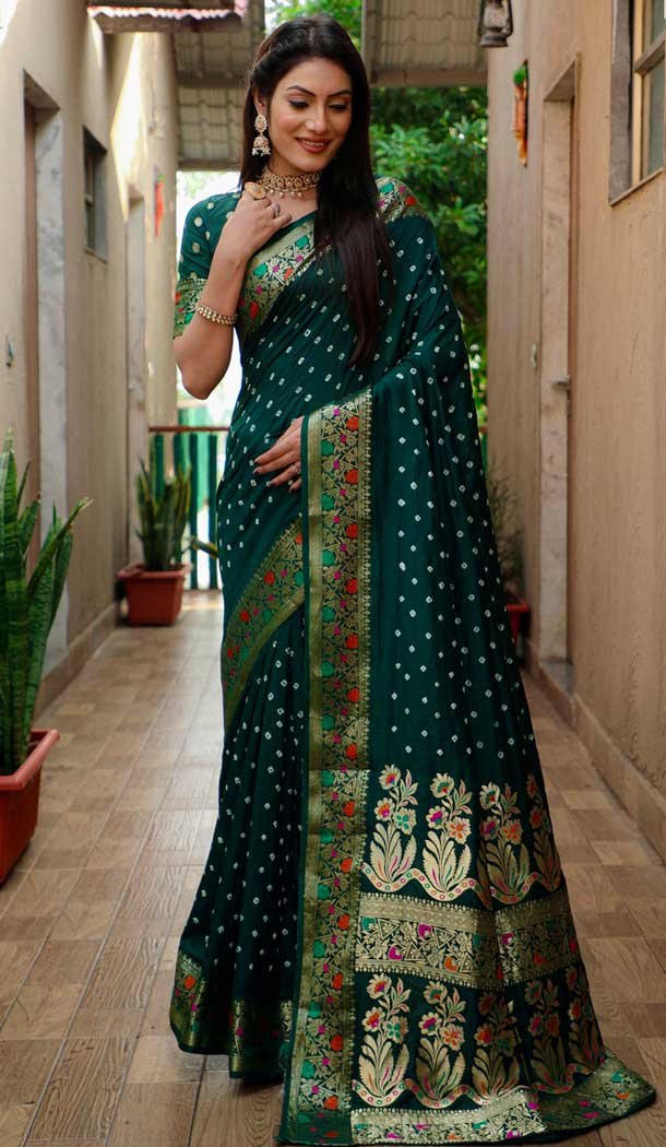 Paithani Silk Bandhej Work Traditional Wear Saree In Green – 147531650