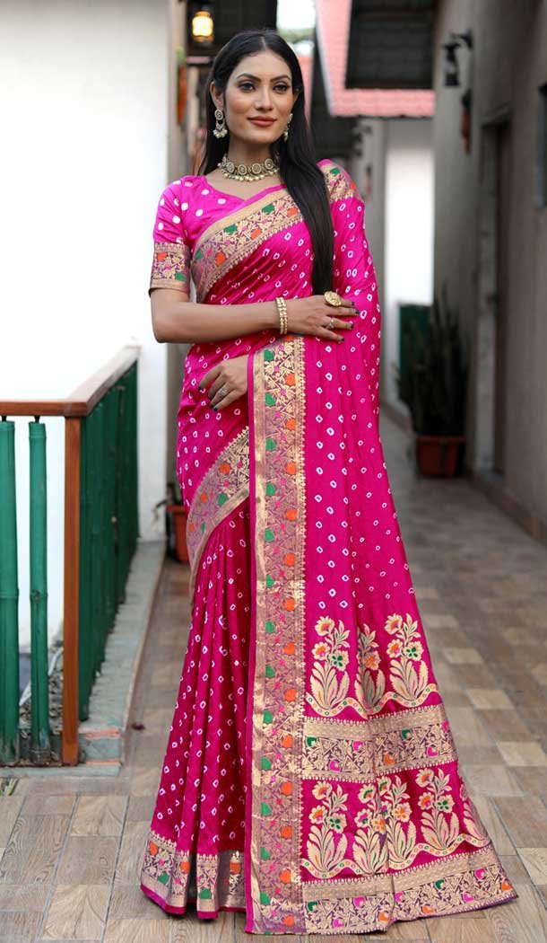 Paithani Silk Bandhej Work Traditional Wear Saree In Pink – 147531651