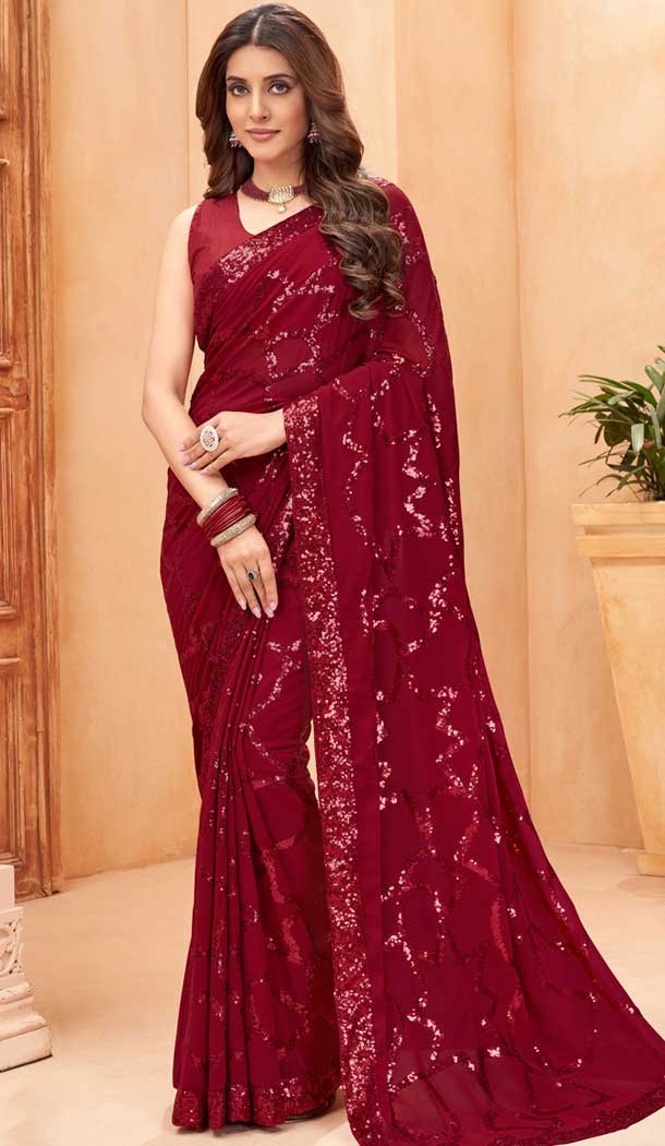 Maroon Faux Georgette Sequence Embroidered Party Wear Saree – 147641700