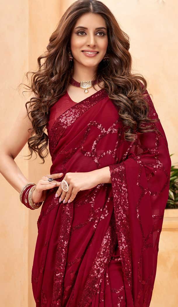 Maroon Faux Georgette Sequence Embroidered Party Wear Saree – 147641700