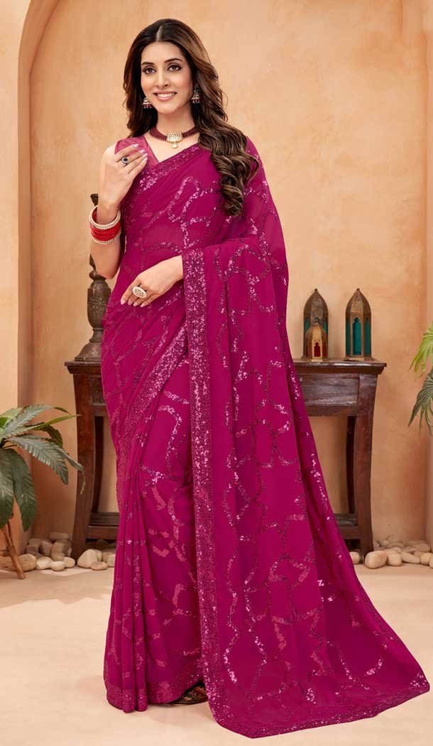 Pink Faux Georgette Sequence Embroidered Party Wear Saree – 147641701