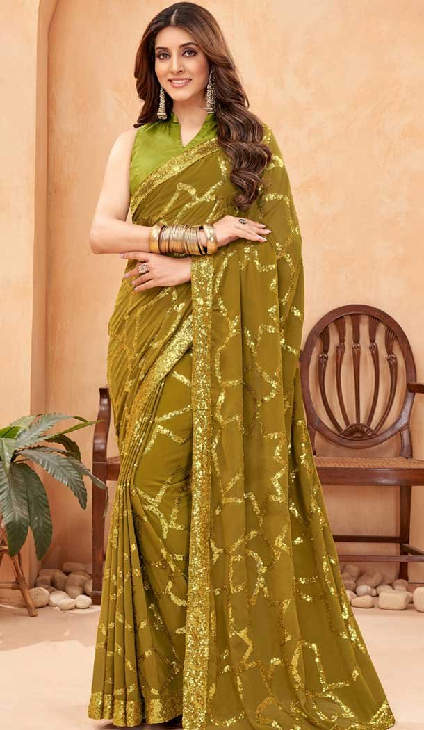 Green Faux Georgette Sequence Embroidered Party Wear Saree – 147641702