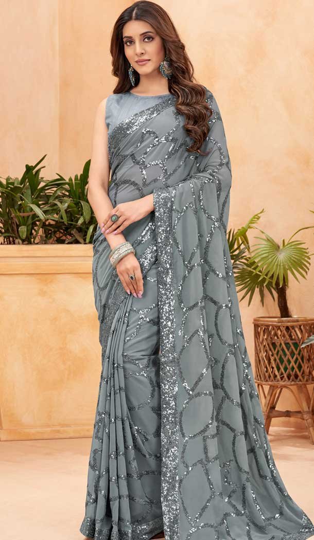 Grey Faux Georgette Sequence Embroidered Party Wear Saree – 147641703