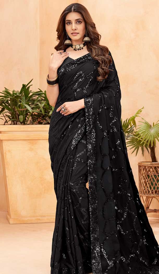 Black Faux Georgette Sequence Embroidered Party Wear Saree – 147641704