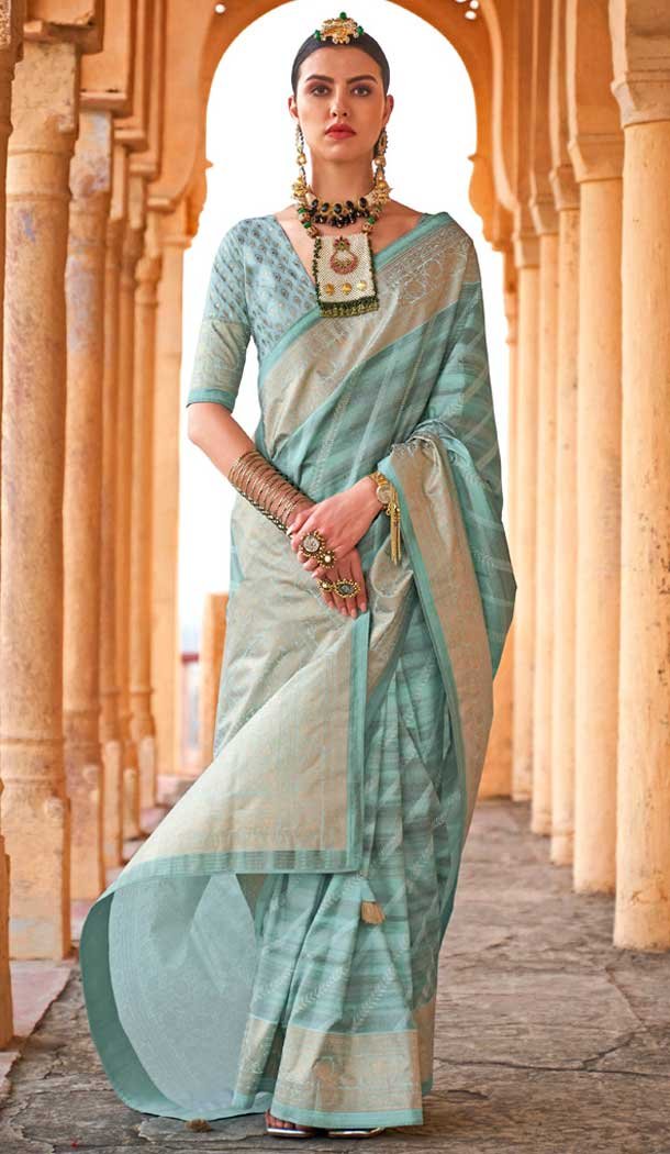 Viscose Silk Printed Foil Wedding Wear Designer Saree In Sea Green – 147681727