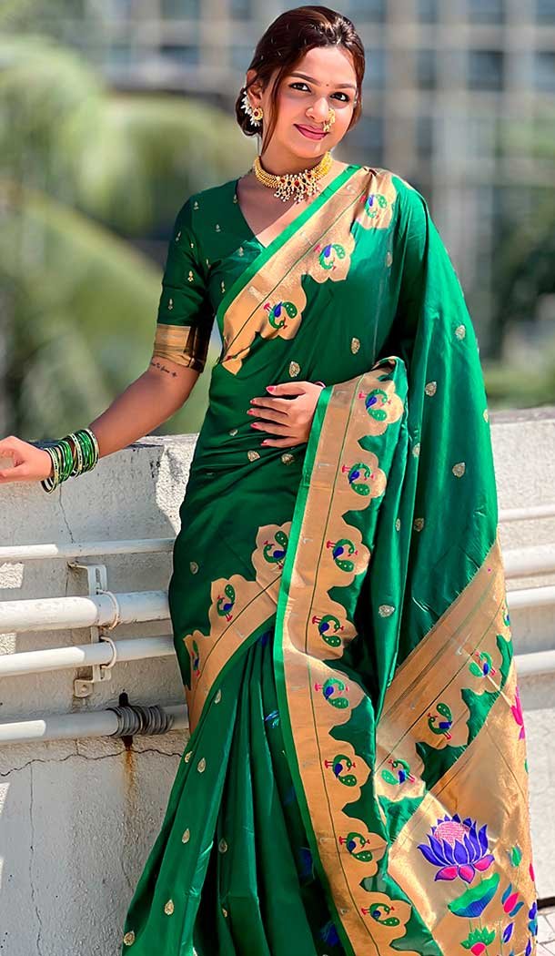 Green Paithani Silk Meenakari Work Party Wear Saree – 147821814