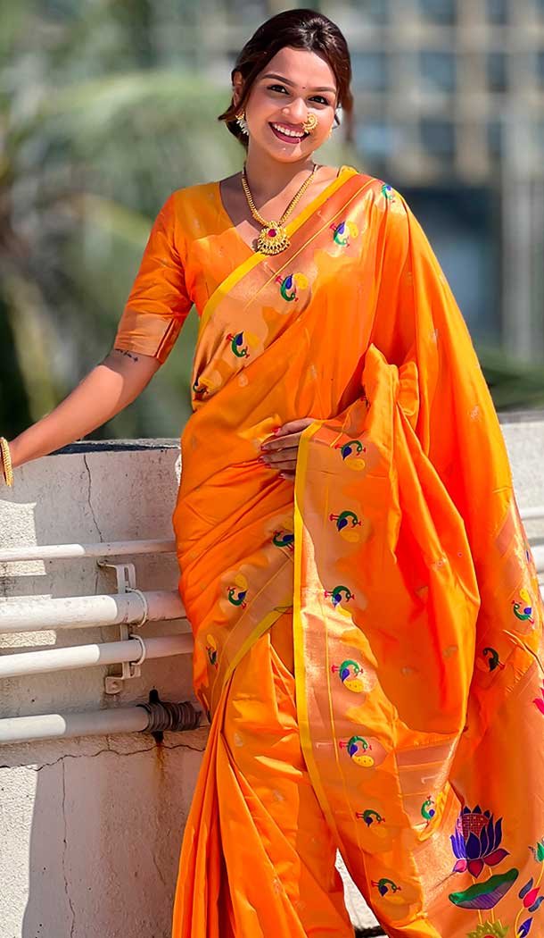 Orange Paithani Silk Meenakari Work Party Wear Saree – 147821815