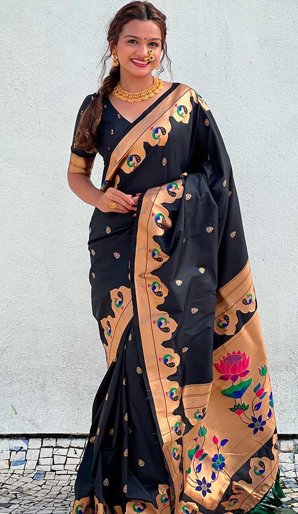 Black Paithani Silk Meenakari Work Party Wear Saree – 147821816