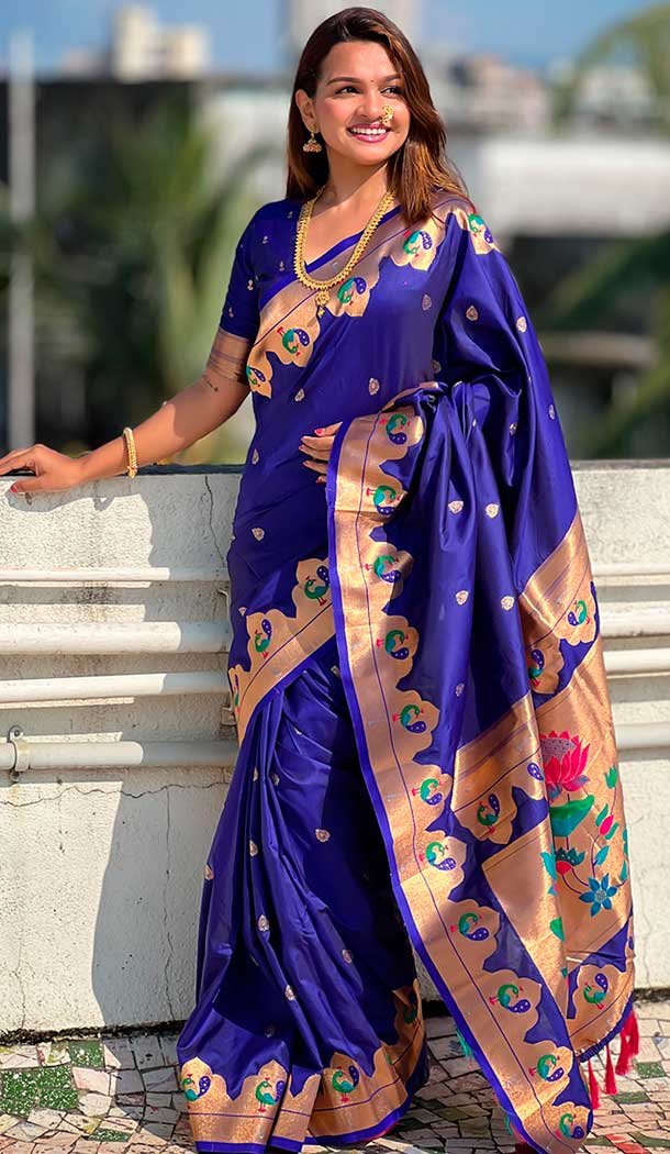 Blue Paithani Silk Meenakari Work Party Wear Saree – 147821817