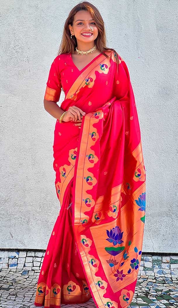 Red Paithani Silk Meenakari Work Party Wear Saree – 147821819