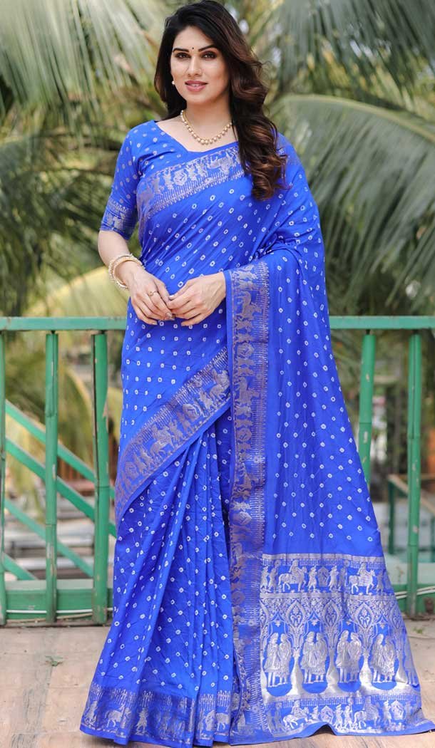 Dola Silk Bandhej Work Party Wear Saree In Blue – 147841835