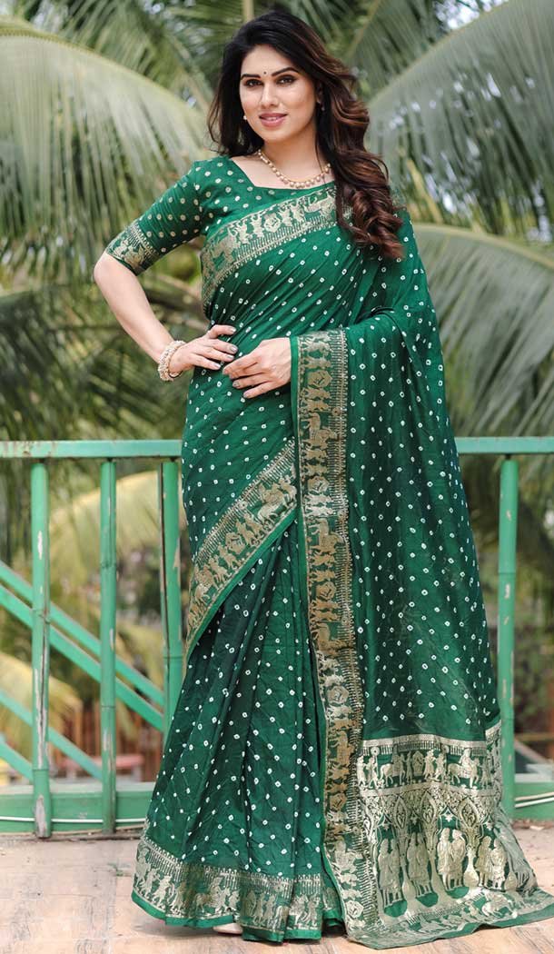 Dola Silk Bandhej Work Party Wear Saree In Green – 147841838