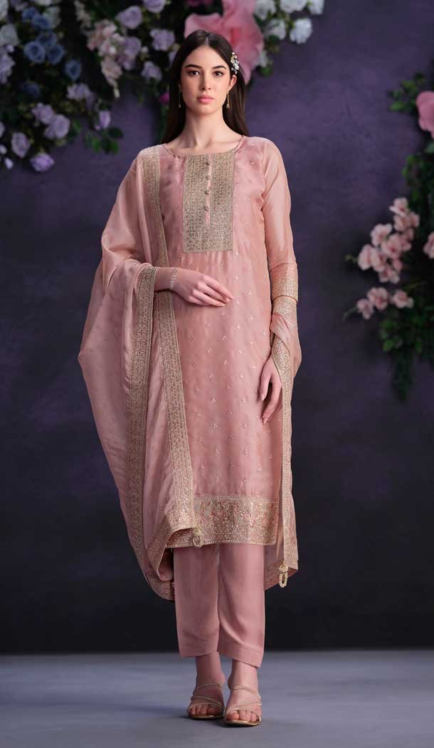 Pink Shimmer Organza Embroidered Party Wear Salwar Kameez – 9898191128