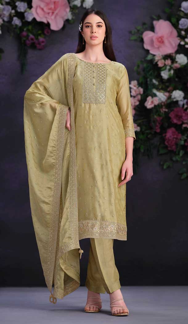 Beige Shimmer Organza Embroidered Party Wear Salwar Kameez – 9898191129