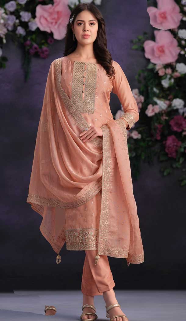 Peach Shimmer Organza Embroidered Party Wear Salwar Kameez – 9898191130