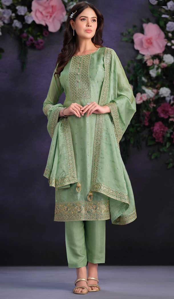 Pista Green Shimmer Organza Embroidered Party Wear Salwar Kameez – 9898191131