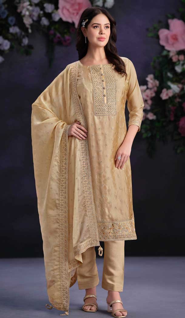 Brown Shimmer Organza Embroidered Party Wear Salwar Kameez – 9898191132