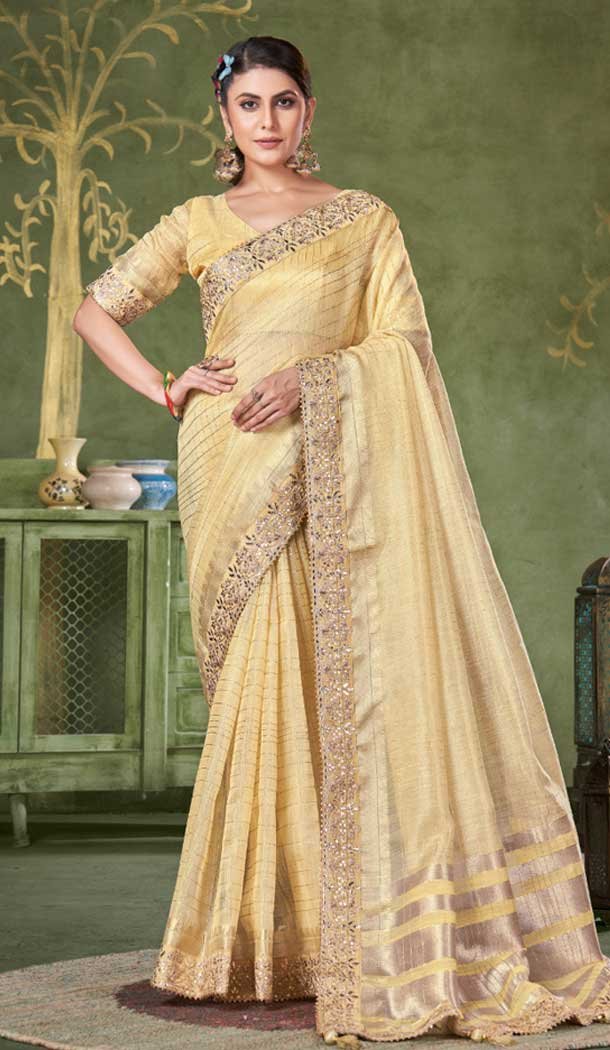 Beige Banarasi Silk Coding Work Party Wear Saree – 9922191270