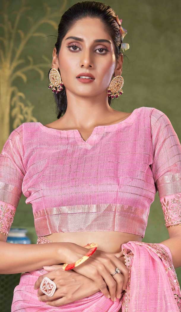 Pink Banarasi Silk Coding Work Party Wear Saree – 9922191274