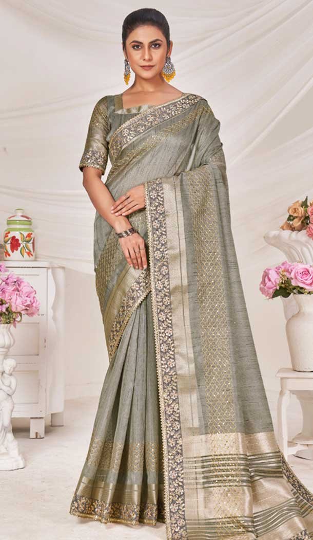 Art Silk Linen Coding Work Traditional Wear Saree In Grey – 9923191276