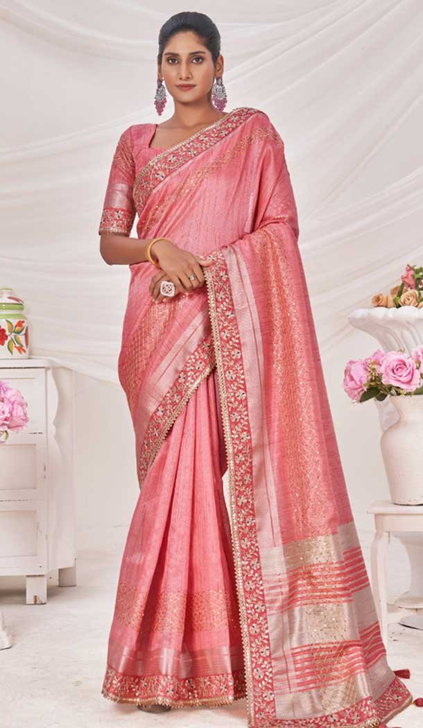 Art Silk Linen Coding Work Traditional Wear Saree In Pink – 9923191277