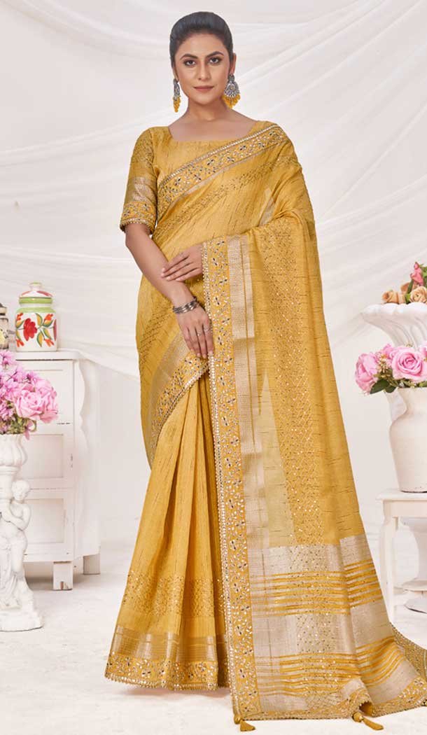 Art Silk Linen Coding Work Traditional Wear Saree In Mustard – 9923191278