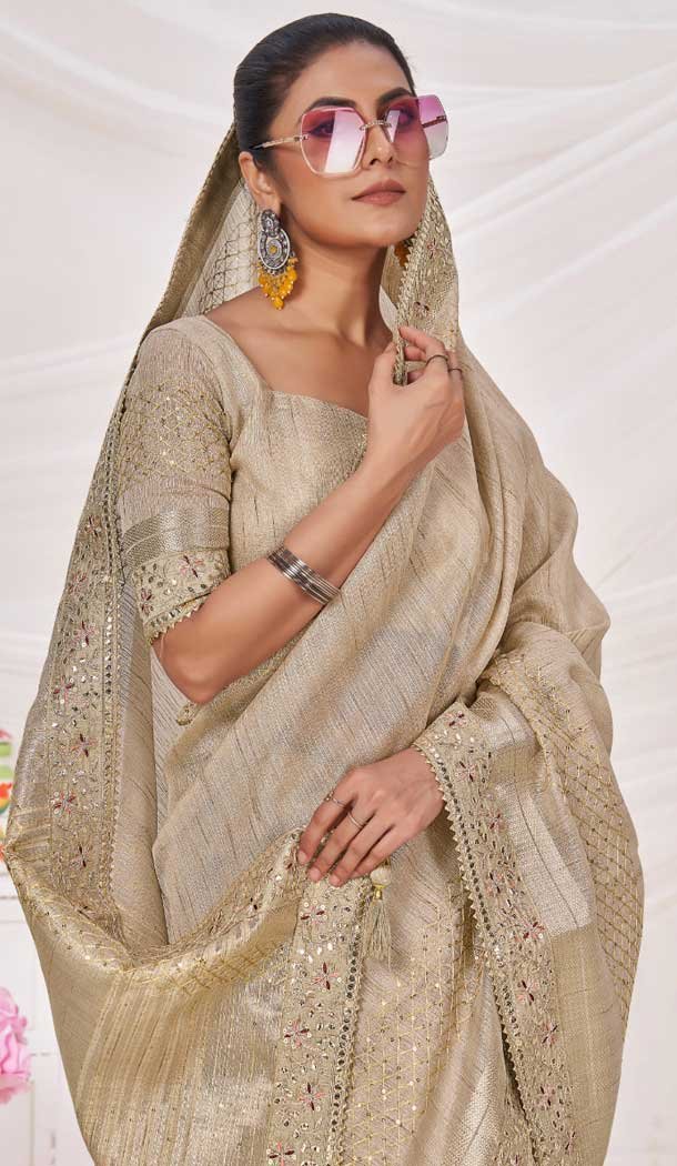 Art Silk Linen Coding Work Traditional Wear Saree In Beige – 9923191279