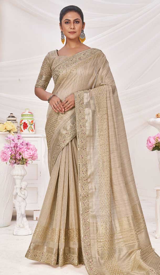 Art Silk Linen Coding Work Traditional Wear Saree In Beige – 9923191279