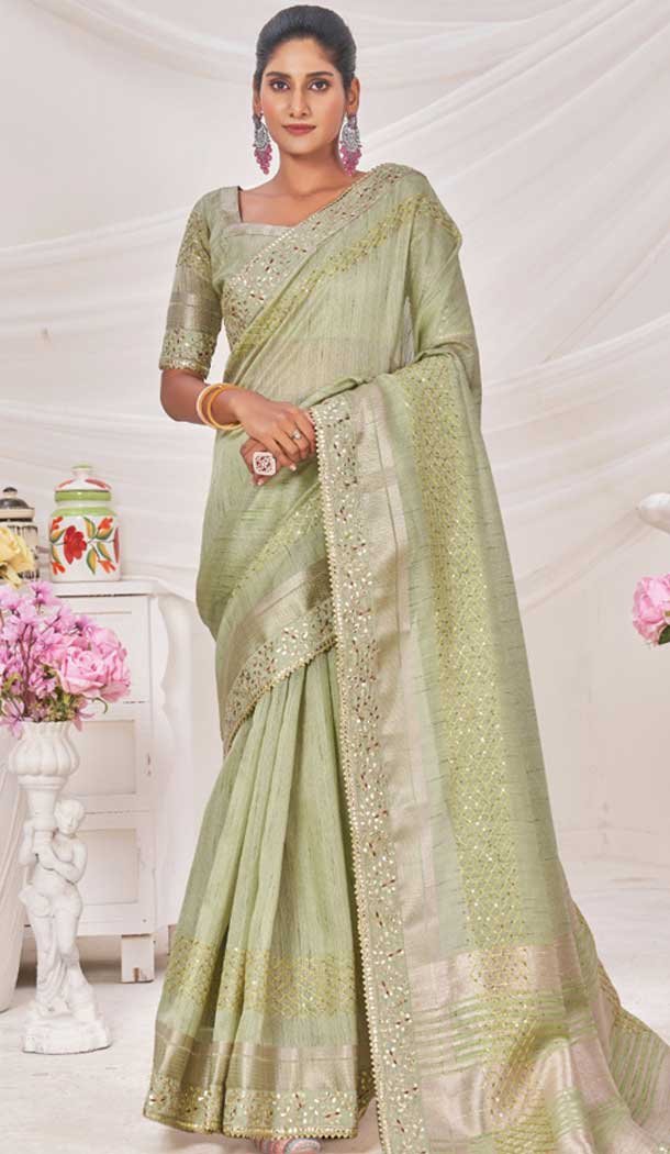 Art Silk Linen Coding Work Traditional Wear Saree In Pista Green – 9923191280