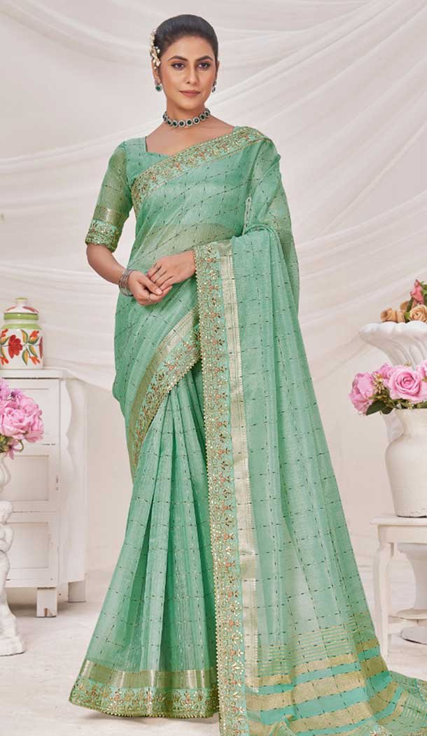 Mint Green Banarasi Silk Zari Work Traditional Wear Saree – 9924191289