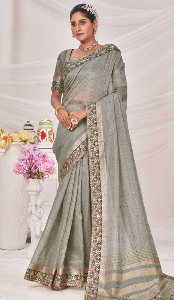 Grey Banarasi Silk Zari Work Traditional Wear Saree – 9924191290