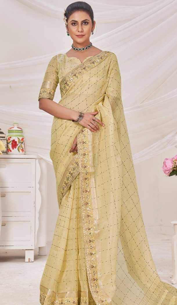 Cream Banarasi Silk Zari Work Traditional Wear Saree – 9924191291