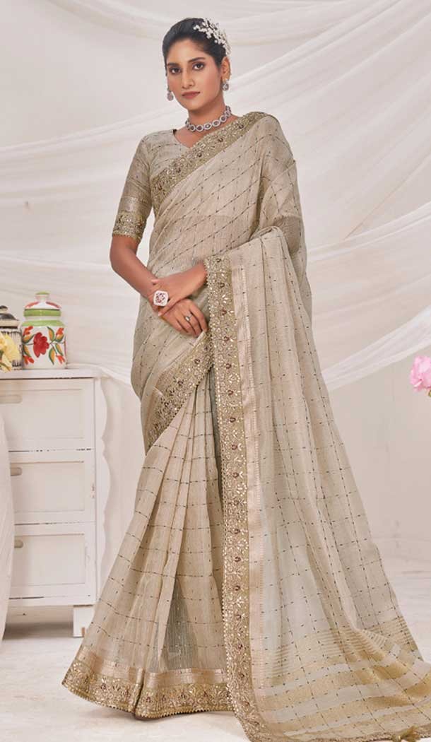 Off Grey Banarasi Silk Zari Work Traditional Wear Saree – 9924191292