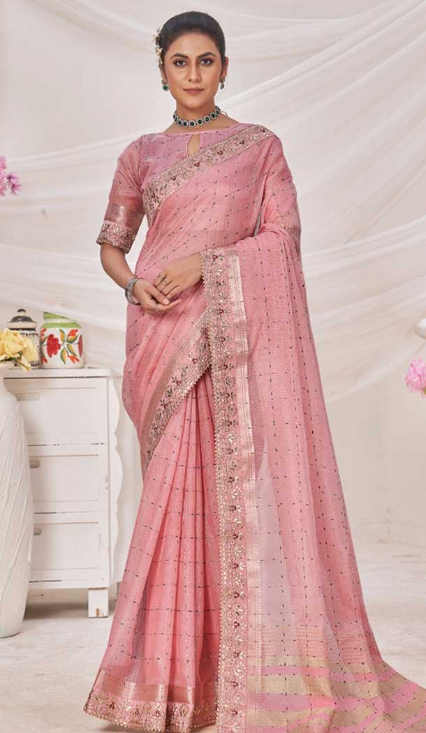 Pink Banarasi Silk Zari Work Traditional Wear Saree – 9924191293