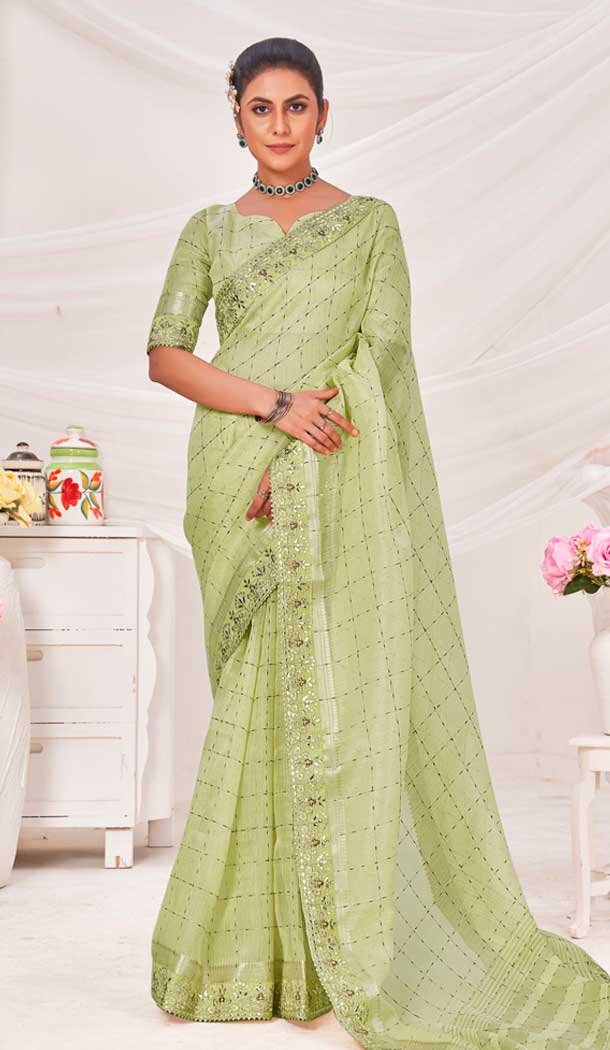 Pista Green Banarasi Silk Zari Work Traditional Wear Saree – 9924191294