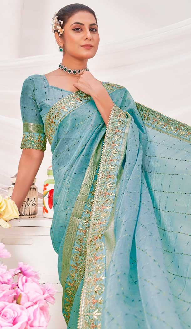 Sky Blue Banarasi Silk Zari Work Traditional Wear Saree – 9924191295