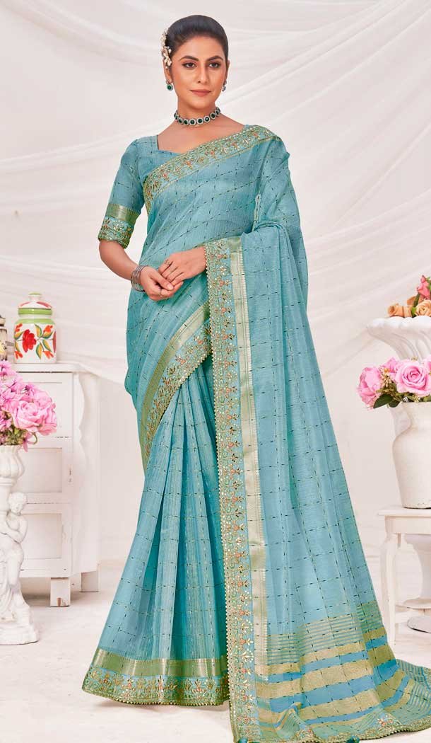 Sky Blue Banarasi Silk Zari Work Traditional Wear Saree – 9924191295