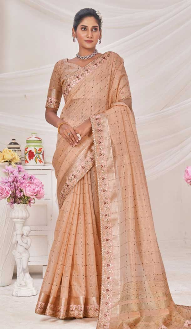 Peach Banarasi Silk Zari Work Traditional Wear Saree – 9924191296