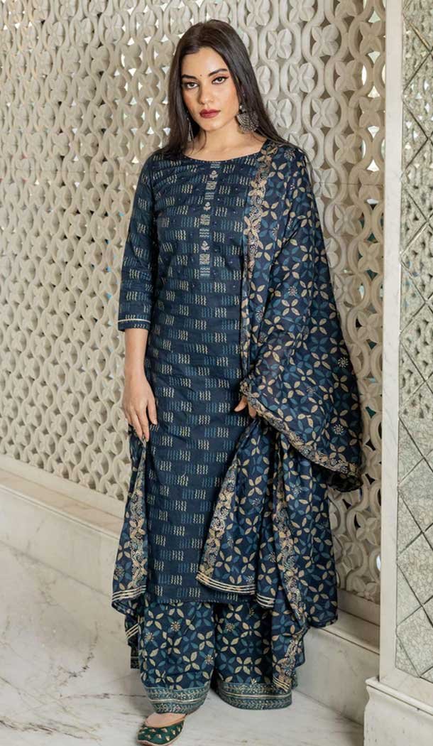 Cotton Print Work Casual Wear Readymade Salwar Kameez In Navy Blue – 9966191497