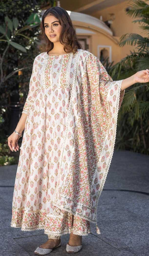 Cotton Print Work Casual Wear Readymade Salwar Kameez In Off White – 9966191499