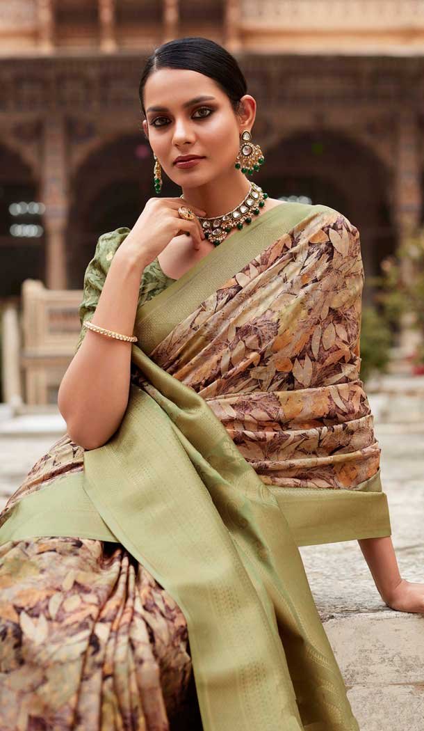 Soft Tissue Silk Digital Printed Party Wear Saree In Olive Green – 9973191545