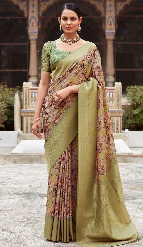 Soft Tissue Silk Digital Printed Party Wear Saree In Olive Green – 9973191545