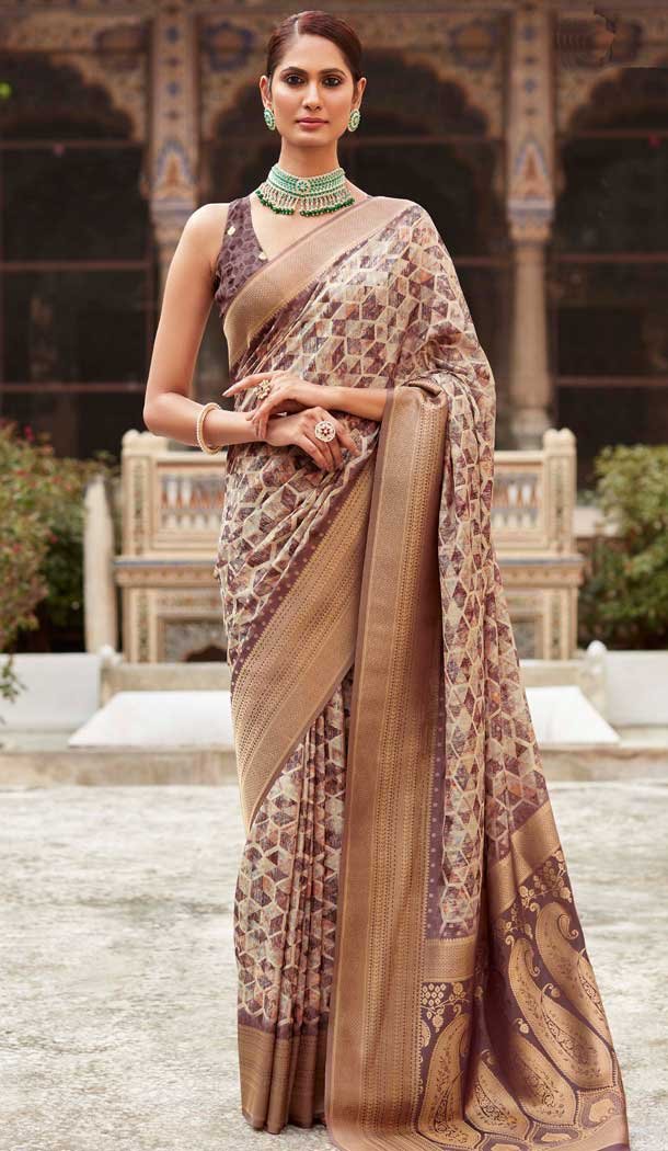 Soft Tissue Silk Digital Printed Party Wear Saree In Beige and Brown – 9973191547