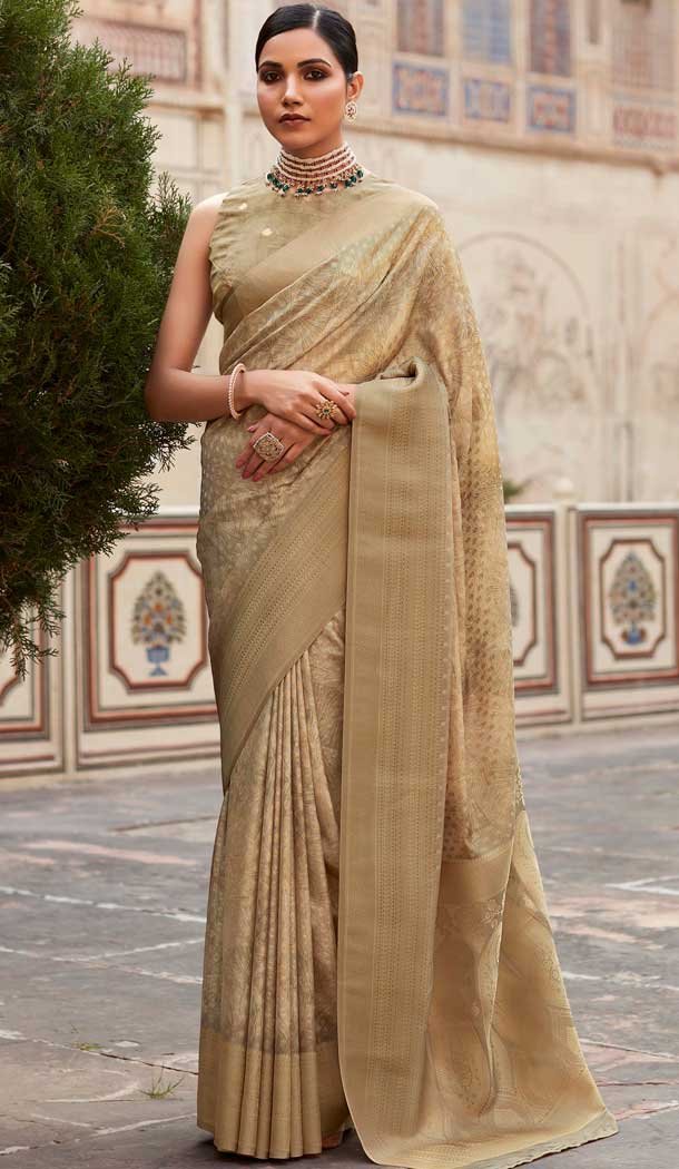 Soft Tissue Silk Digital Printed Party Wear Saree In Beige – 9973191548