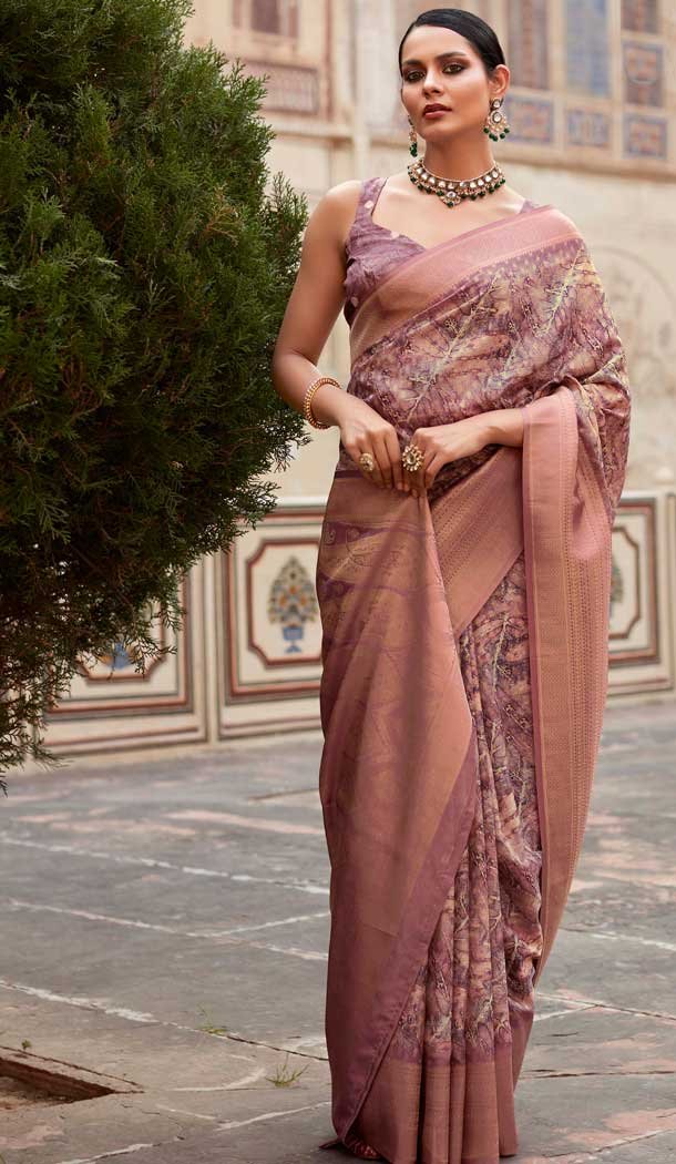 Soft Tissue Silk Digital Printed Party Wear Saree In Old Rose – 9973191549