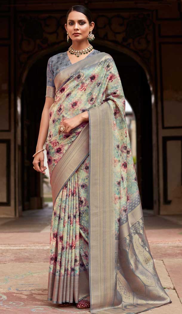 Soft Tissue Silk Digital Printed Party Wear Saree In Sea Blue – 9973191551