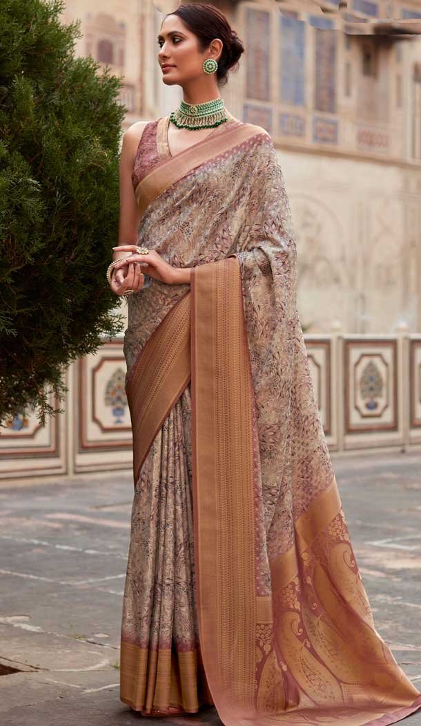 Soft Tissue Silk Digital Printed Party Wear Saree In Peach – 9973191552