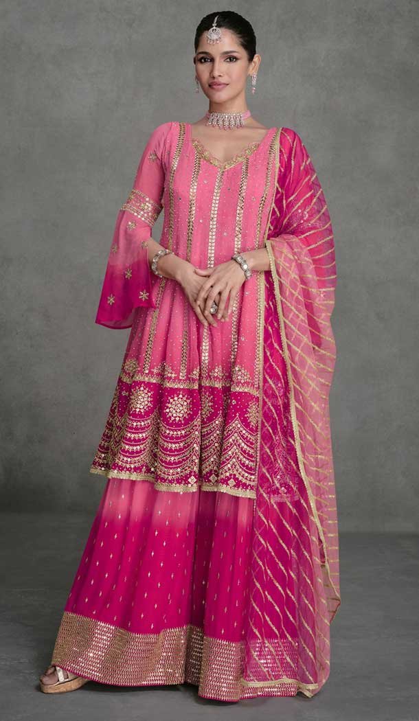 Rani Pink Georgette Embroidery Work Party Wear Sharara Suit – 9981191689