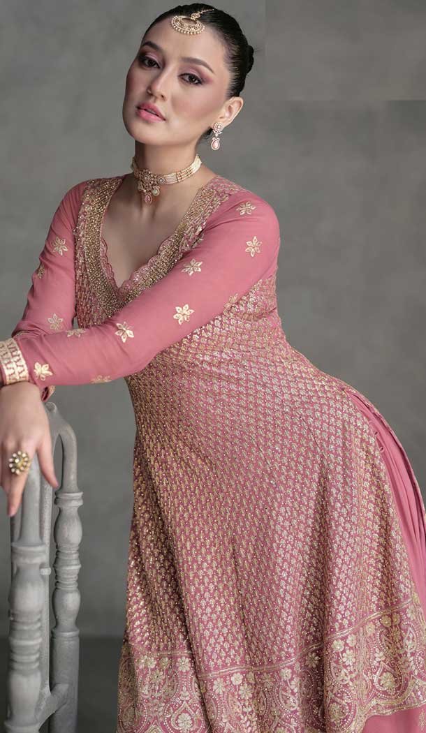 Baby Pink Georgette Embroidery Work Party Wear Sharara Suit – 9981191691